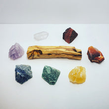 Load image into Gallery viewer, Complete Raw Chakra Crystal Stone Set with Palo Santo Smudging Stick