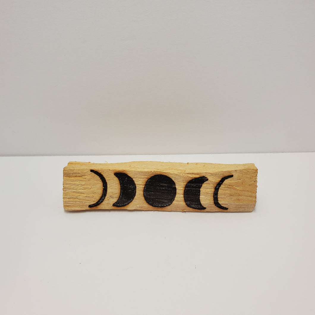 Ethically Sourced Engraved Burned Wood Moon Phases Palo Santo Smudging Stick