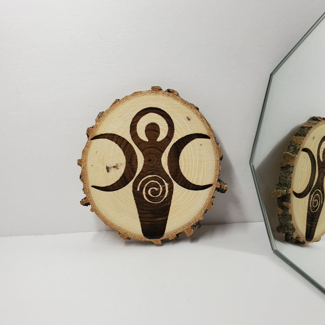 Triple Moon, Spiral Goddess Burned Wood Refrigerator Magnet or Coaster