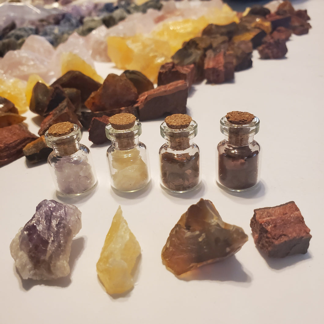 Mini Crystal Bottle Chakra Set - Amethyst, Orange Calcite, Carnelian, & Red Tiger Eye