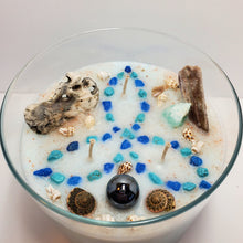 Load image into Gallery viewer, Sea Witch- Protection, Peace &amp; Purify, Triquetra Symbol Good Intention Spell 14oz Candle with Hag Stone, Amazonite, Shungite, Abalone and Nautilus Shells
